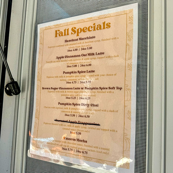 Bean Catcher Fall menu